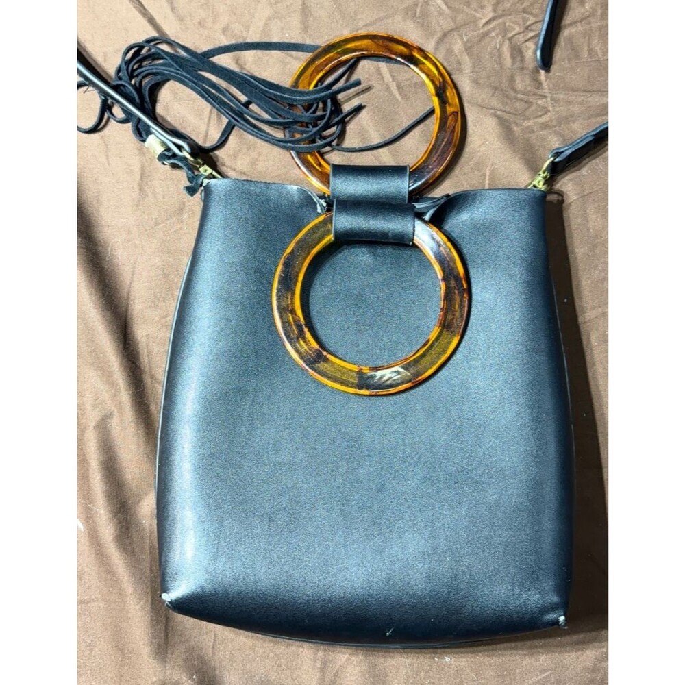 Anthropologie Black Tote Bag Lucite Tortoise Handles Tassel Magnet Closure